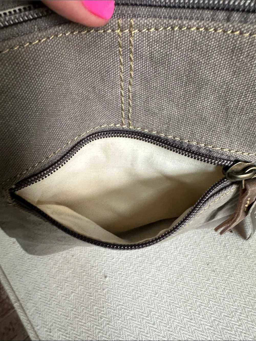 Gray Canvas Crossbody Bag with Tan Leather Strap